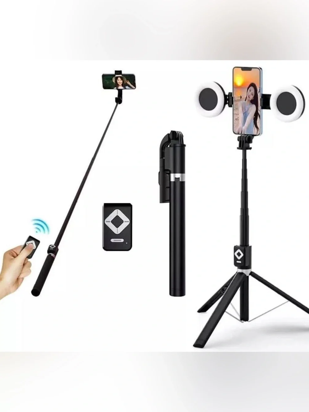 Black Selfie Stick Tripod with Ring Lights